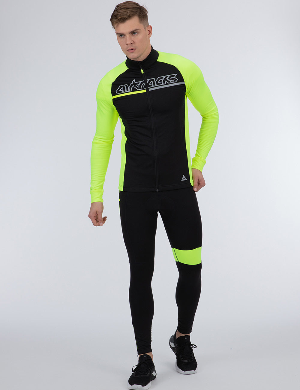 Herren Winter Thermoradtrikot Set (2-tlg.) Pro Team Fahrradtrikot Langarm+Trägerhose Lang - DC-Bundle Neon Schwarz