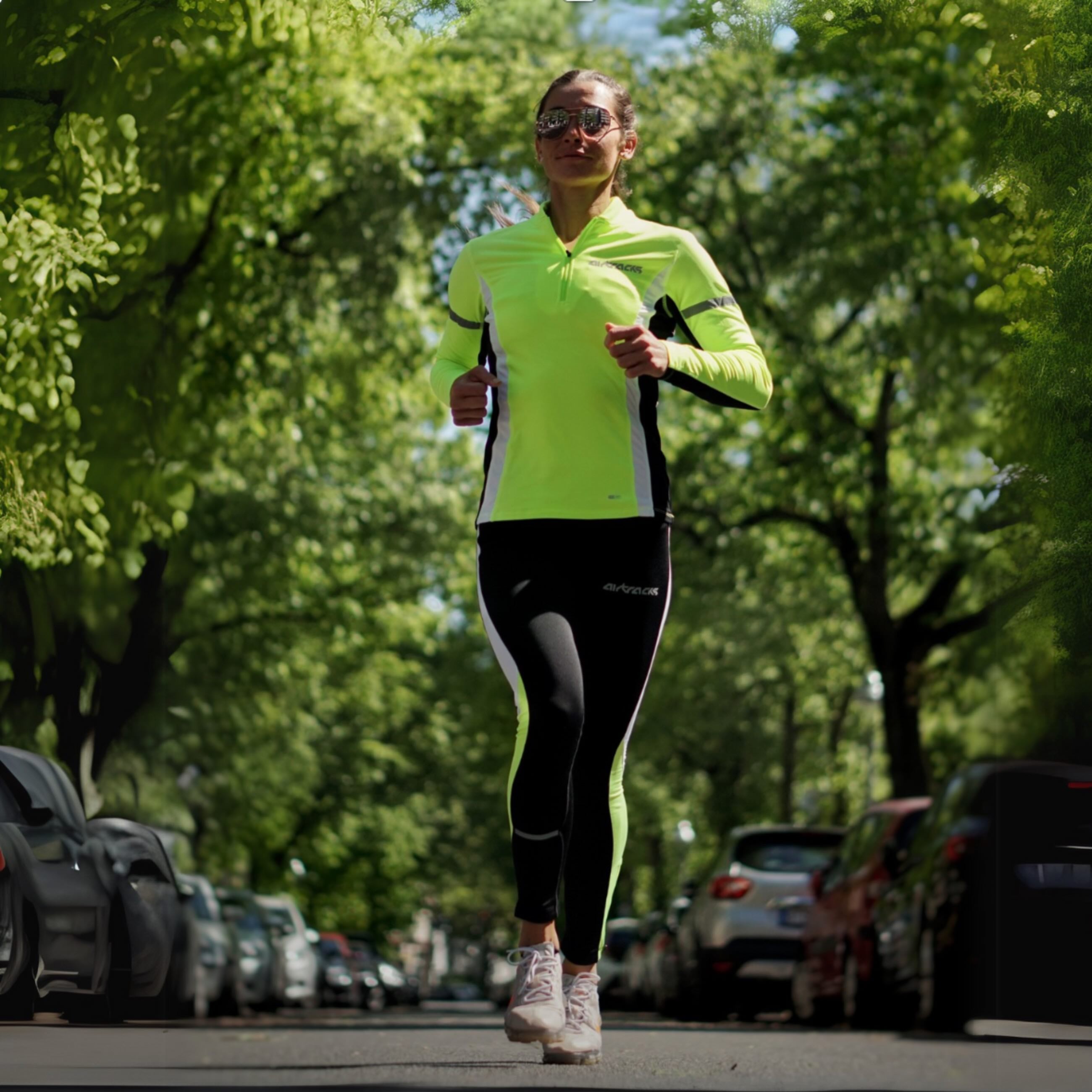 AirTracks femmes fonction thermique Running Set Running Pantal Lang + Thermo Functional Running Shirt Long -Sleeved - Black -neon