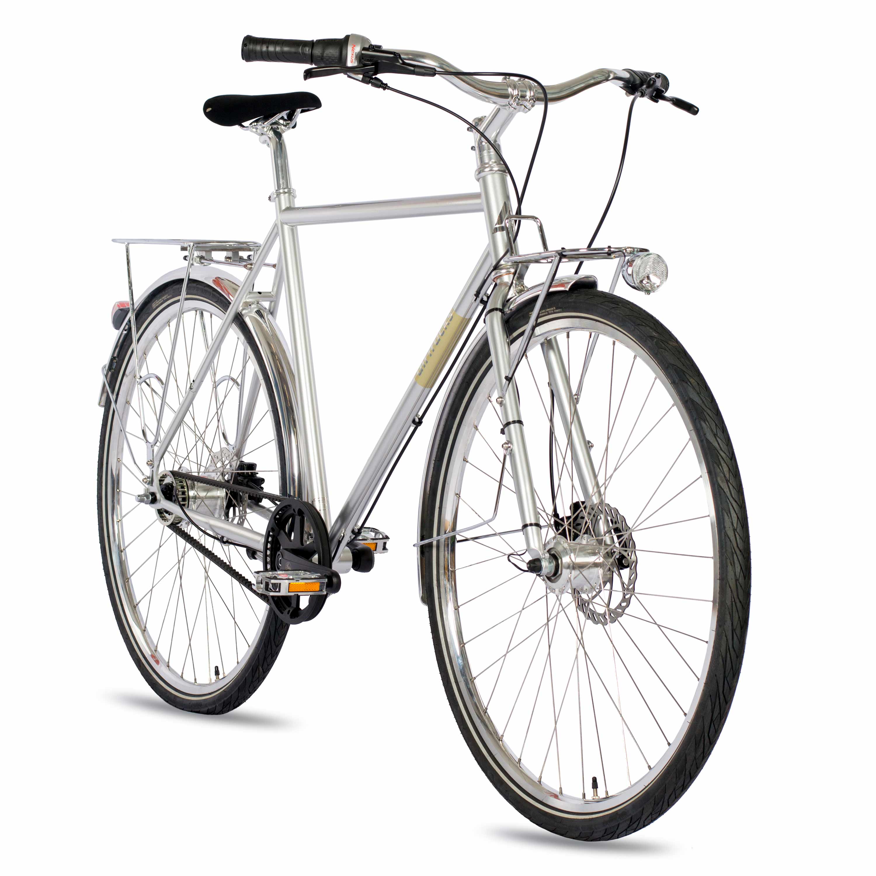 28" Herren Urban Bike City Fahrrad STREET CrMo GATES CARBON DRIVE BELT Shimano 7 x Gang NEXUS Silber