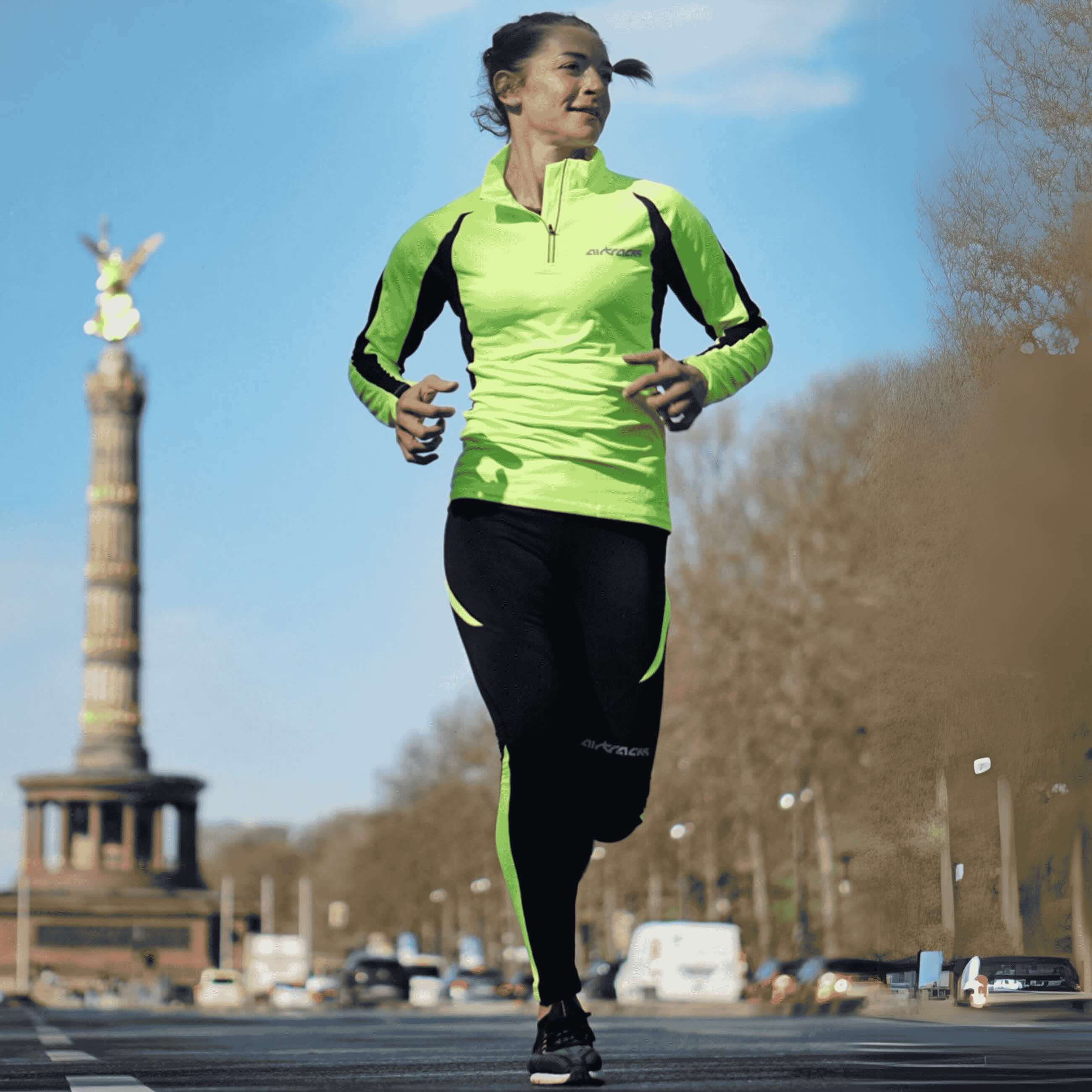 Airtracks Damen Winter Funktions Laufset Thermo Laufhose Lang Pro + Thermo Laufshirt Langarm Pro - Schwarz-Neon